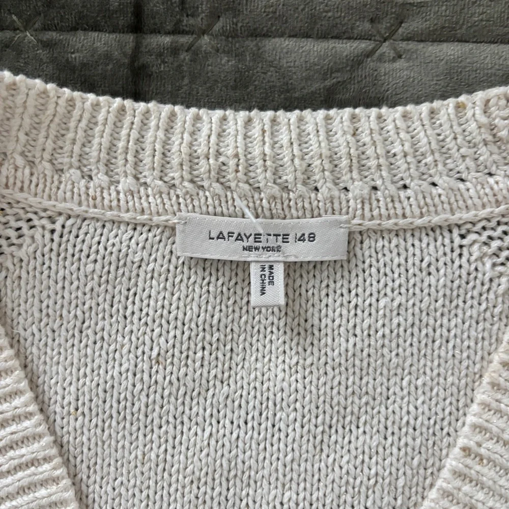 Lafayette 148 Cable Knit V-neck Linen Cotton Silk cardigan neutral cream medium